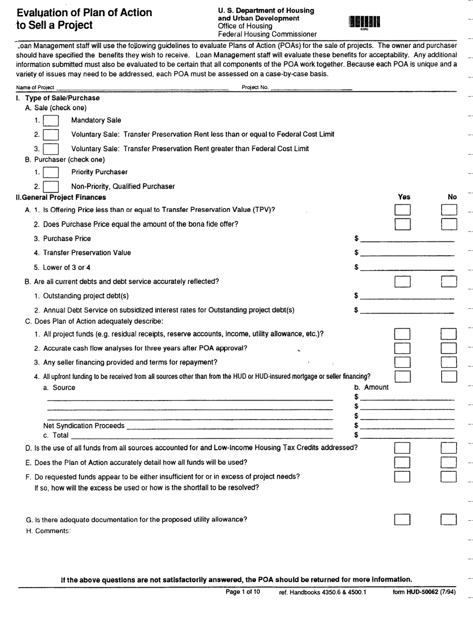 Form HUD-50062 Evaluation of Plan of Action to Sell a Project, Page 1