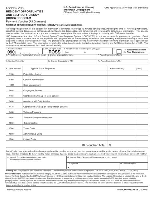 Form HUD-50080-RSDE Loccs/Vrs Resident Opportunities and Self Sufficiency (Ross) Program - Payment Voucher (All Grantees) - Resident Service Delivery Models - Elderly/Persons With Disabilities