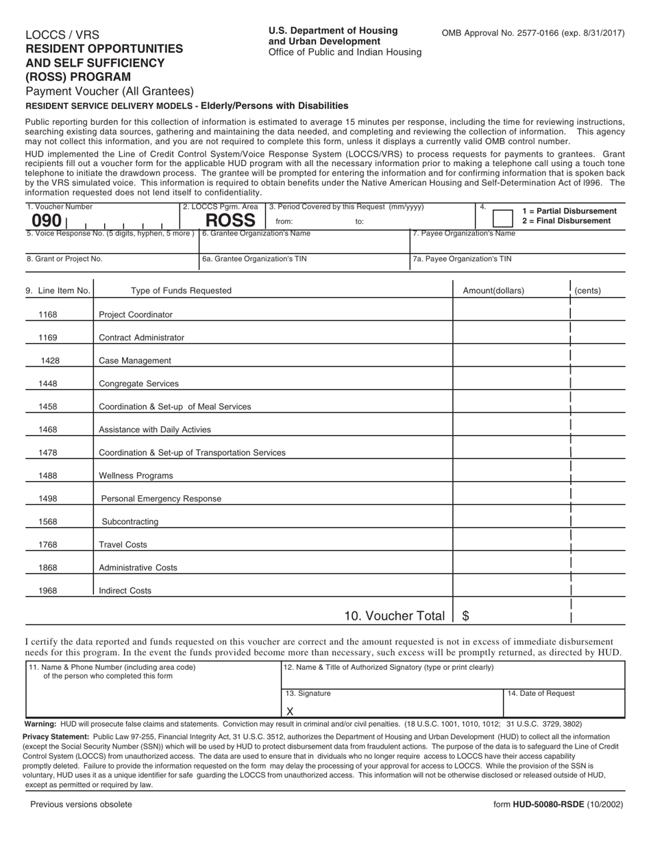 Form HUD-50080-RSDE Loccs / Vrs Resident Opportunities and Self Sufficiency (Ross) Program - Payment Voucher (All Grantees) - Resident Service Delivery Models - Elderly / Persons With Disabilities, Page 1