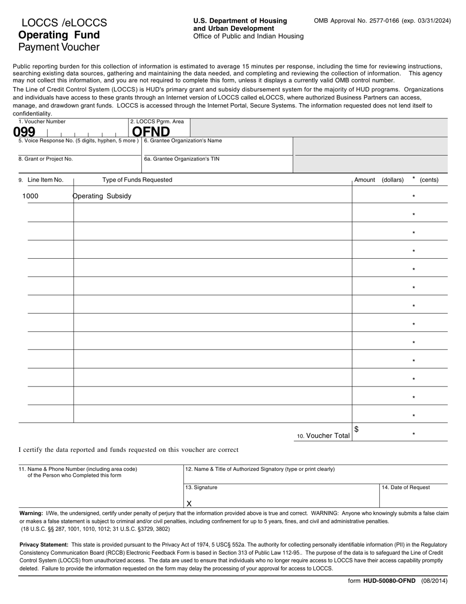 Form HUD-50080-OFND Loccs / Vrs Operating Fund Payment Voucher, Page 1