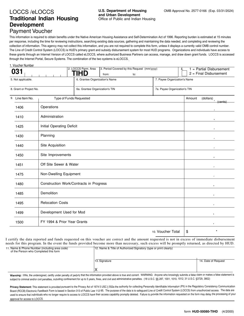 Form HUD-50080-TIHD Traditional Indian Housing Development Payment Voucher, Page 1