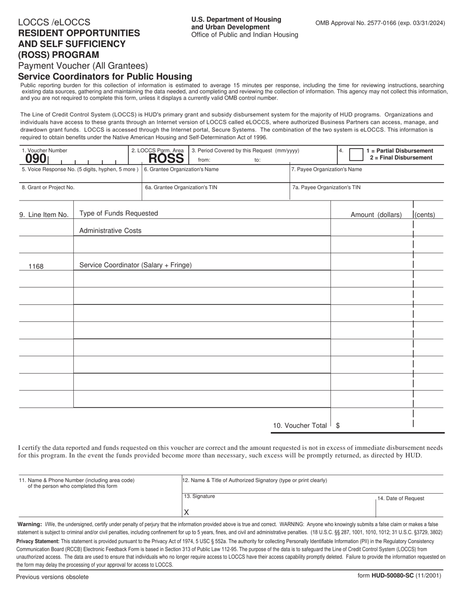 Form HUD-50080-SC Loccs / Vrs Resident Opportunities and Self Sufficiency (Ross) Program - Payment Voucher (All Grantees) - Service Coordinators for Public Housing, Page 1
