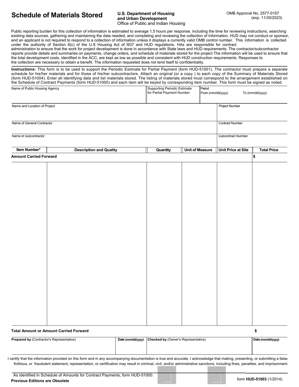 Form HUD-51003 Schedule of Materials Stored, Page 1