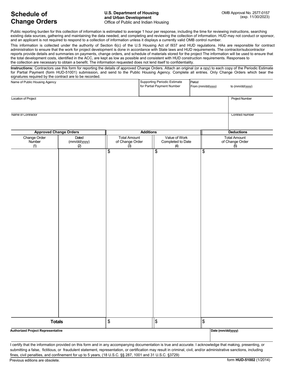 Form HUD-51002 Schedule of Change Orders, Page 1