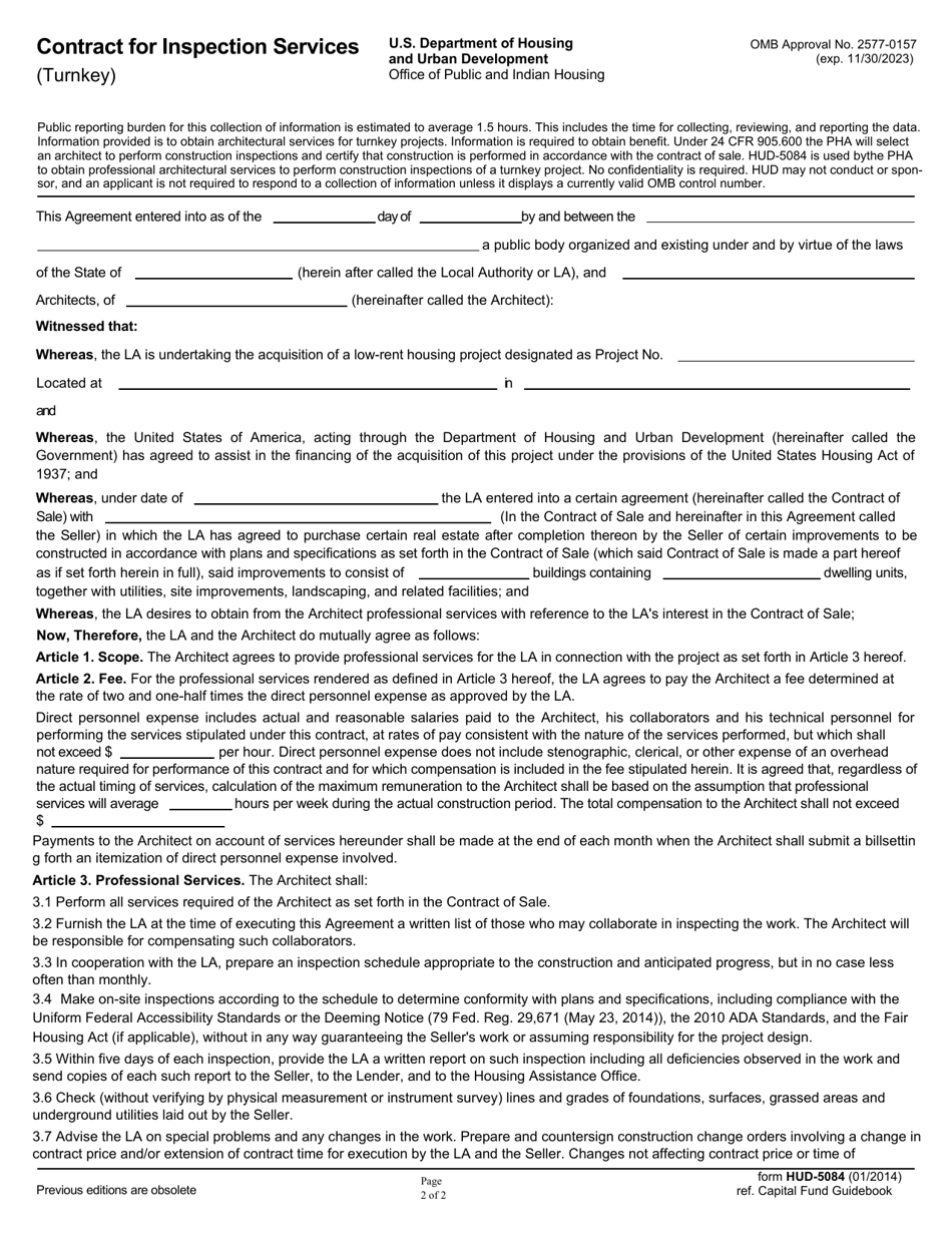 Form HUD-5084 Contract for Inspection Services, Page 1