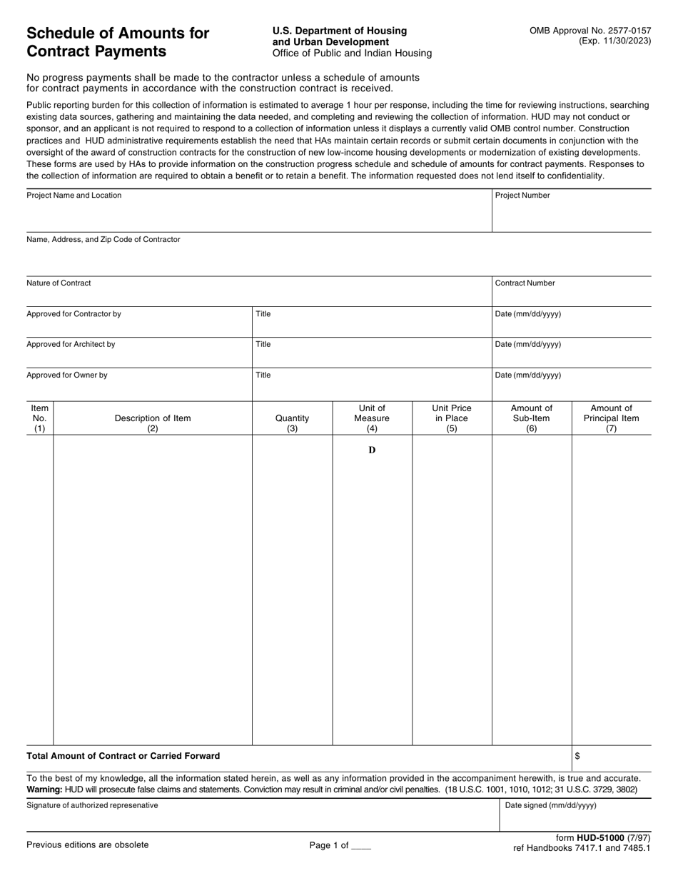 Form HUD-51000 Schedule of Amounts for Contract Payments, Page 1