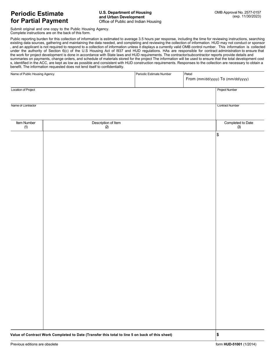 Form HUD-51001 Periodic Estimate for Partial Payment, Page 1