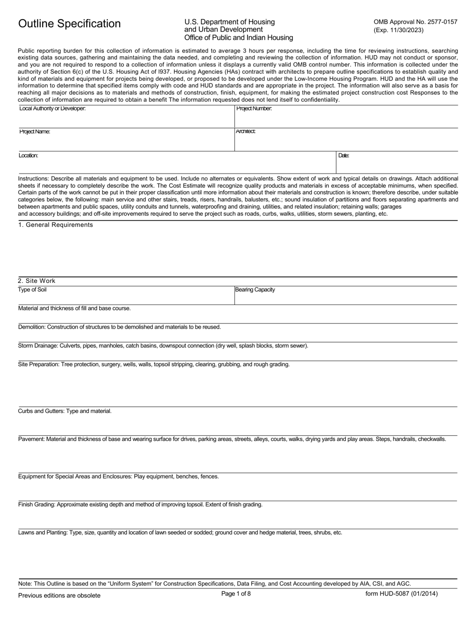 Form HUD-5087 Outline Specification, Page 1