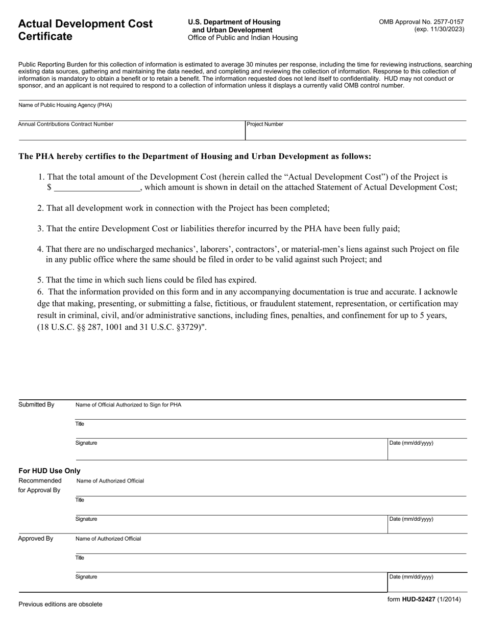 Form HUD-52427 Actual Development Cost Certificate, Page 1