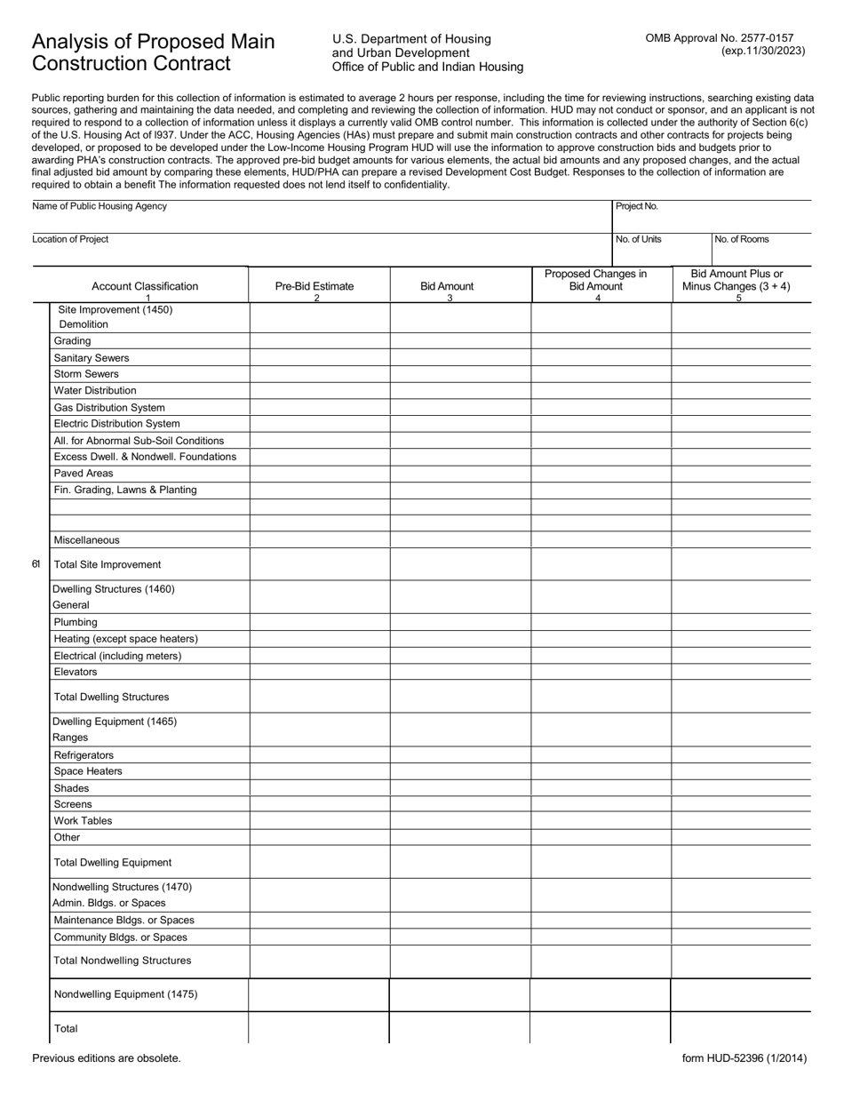 Form HUD-52396 Analysis of Proposed Main Construction Contract, Page 1