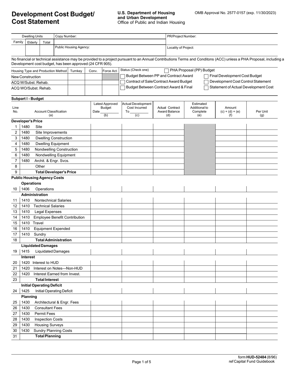 Form HUD-52484 Development Cost Budget / Cost Statement, Page 1