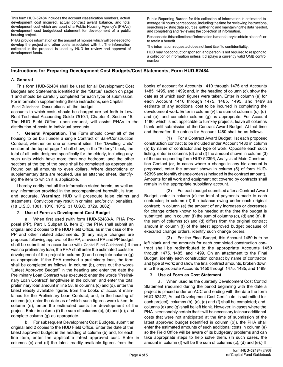 Form HUD-52484 Development Cost Budget / Cost Statement, Page 4