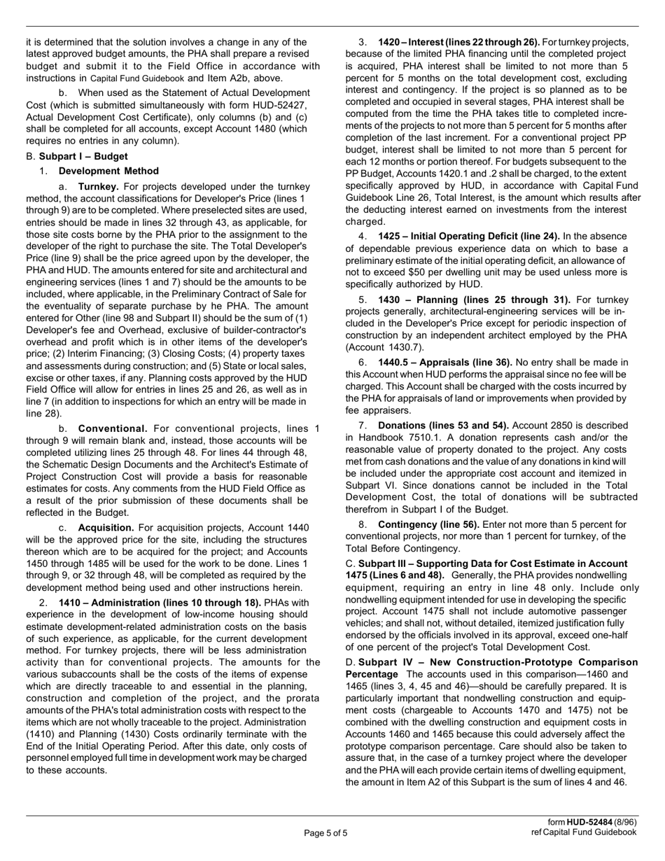 Form HUD-52484 Development Cost Budget / Cost Statement, Page 5