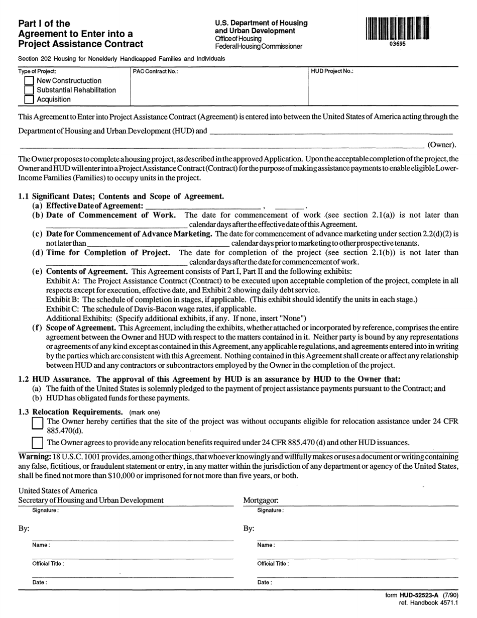 Form HUD-52523-A Part I Agreement to Enter Into a Project Assistance Contract, Page 1