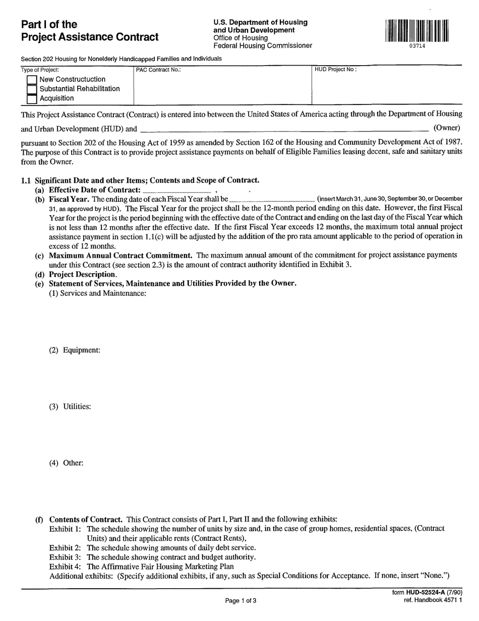 Form HUD-52524-A Part I Project Assistance Contract, Page 1