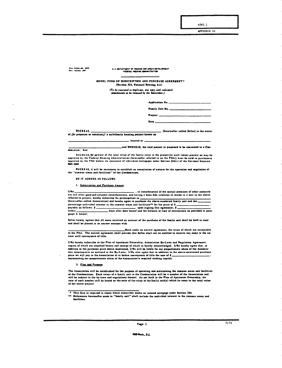 Form FHA-3379 Appendix 14 Model Form of Subscription and Purchase Agreement, Page 1