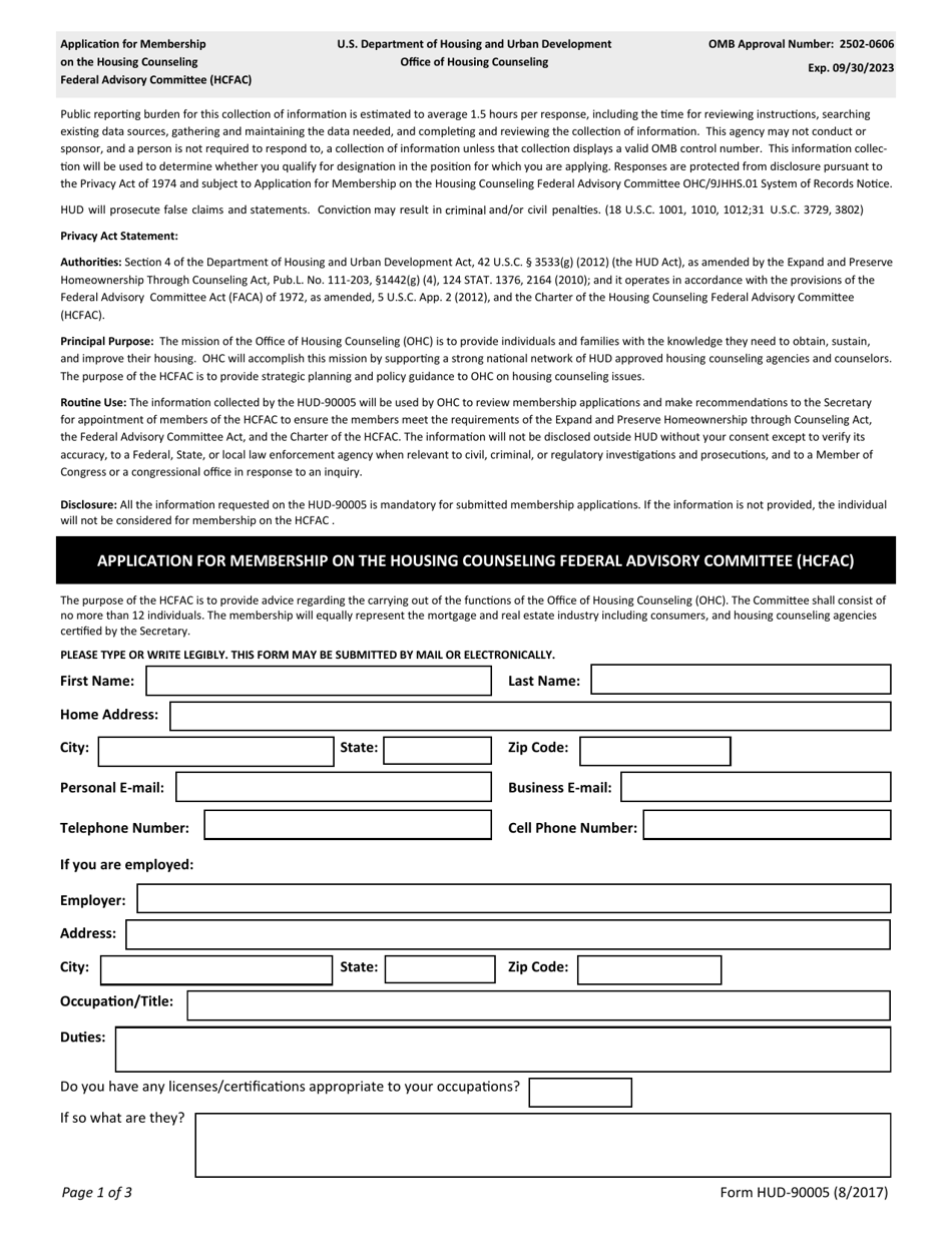 Form HUD-90005 Application for Membership Housing Counseling Federal Advisory Committee (Hcfac), Page 1