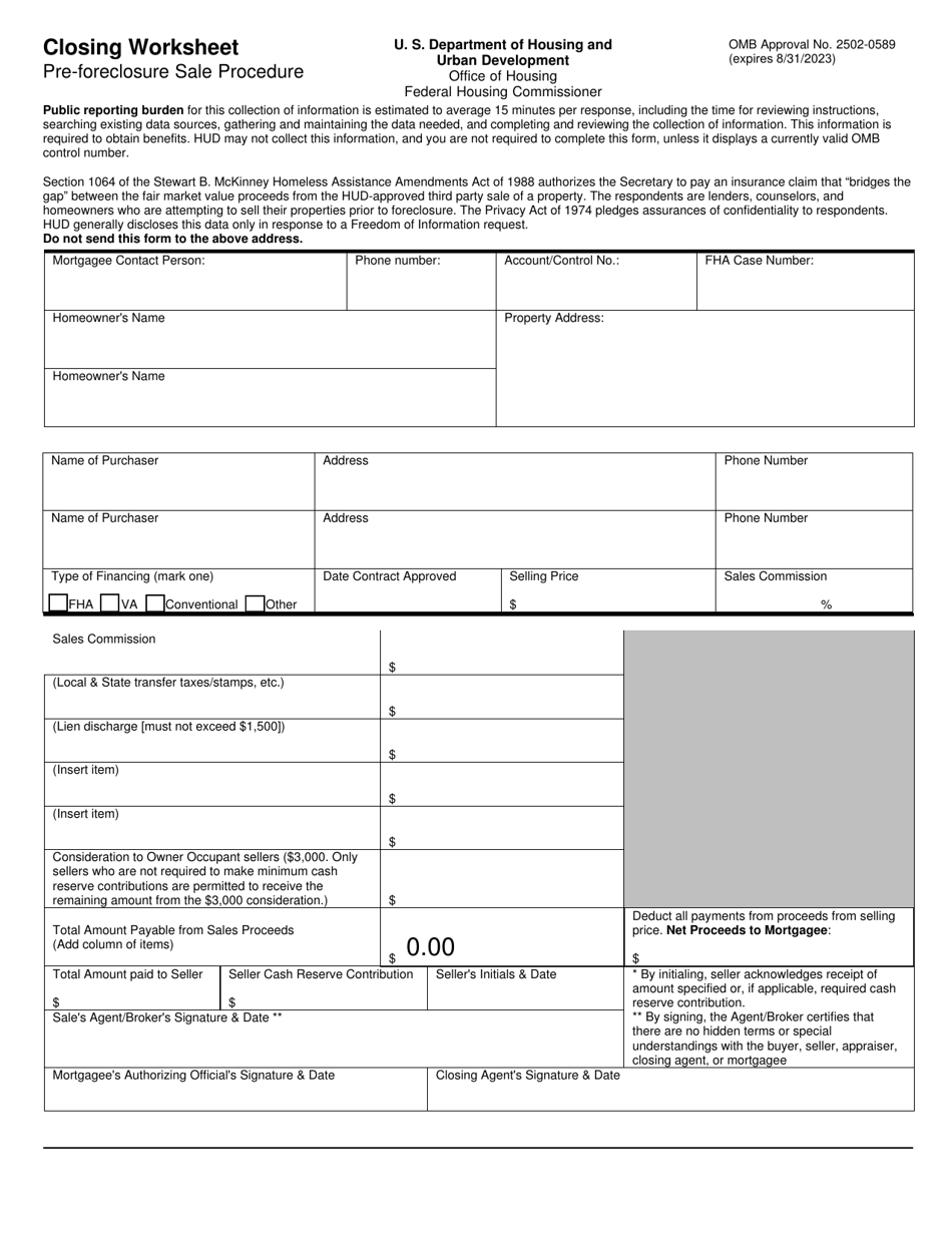 Form HUD-90052 Closing Worksheet - Pre-foreclosure Sale Program, Page 1
