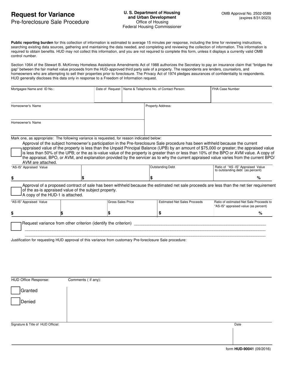 Form HUD-90041 Request for Variance Pre-foreclosure Sale Procedure, Page 1