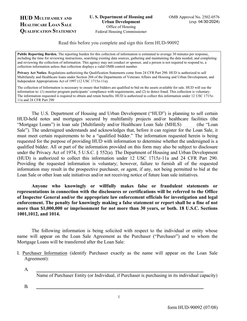 Form HUD90092 Download Fillable PDF or Fill Online Hud Multifamily and