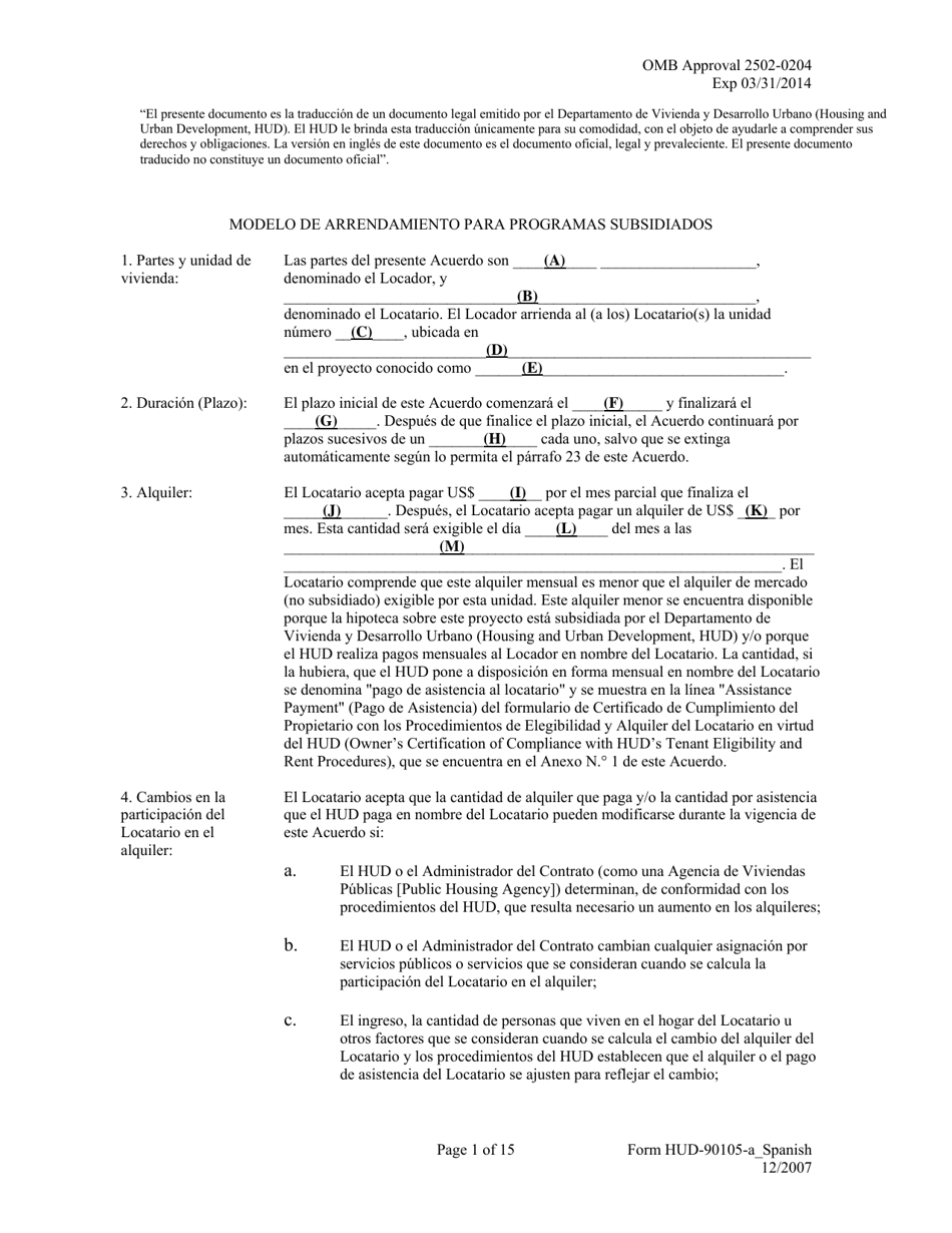 Formulario HUD-90105-A Modelo De Arrendamiento Para Programas Subsidiados (Spanish), Page 1