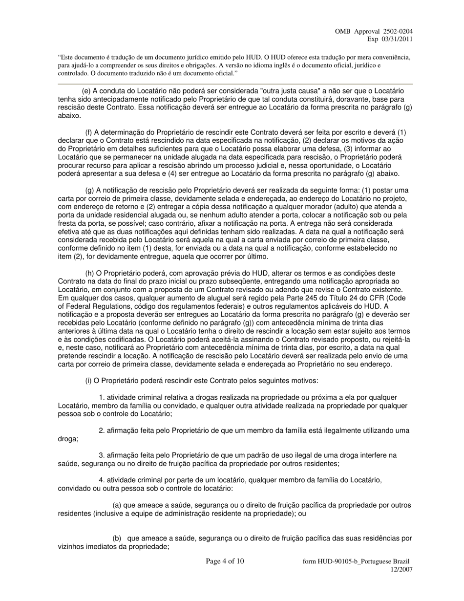 Form HUD-90105-B Lease for Section 202 / 8 or Section 202 Pac (Portuguese), Page 4