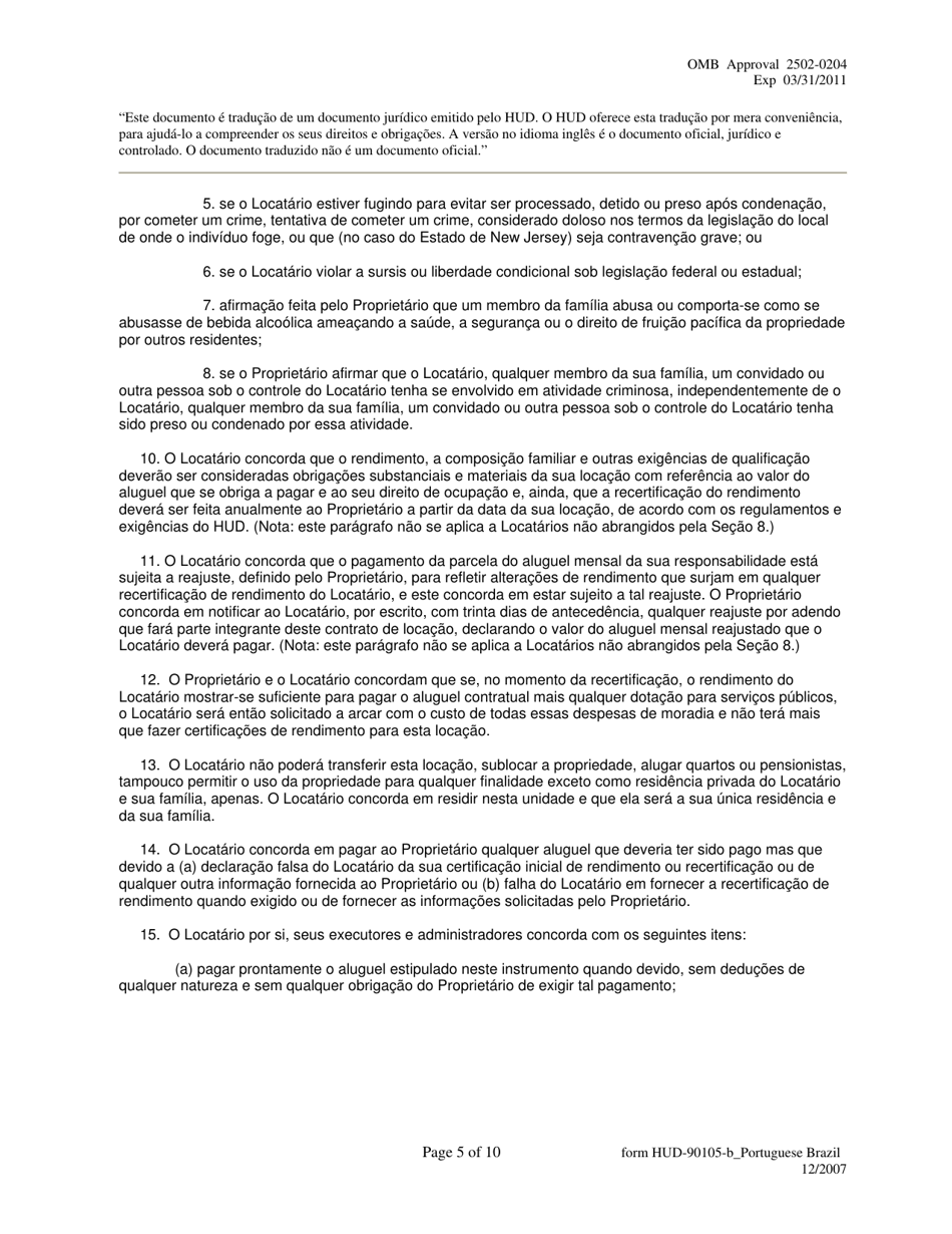 Form HUD-90105-B Lease for Section 202 / 8 or Section 202 Pac (Portuguese), Page 5