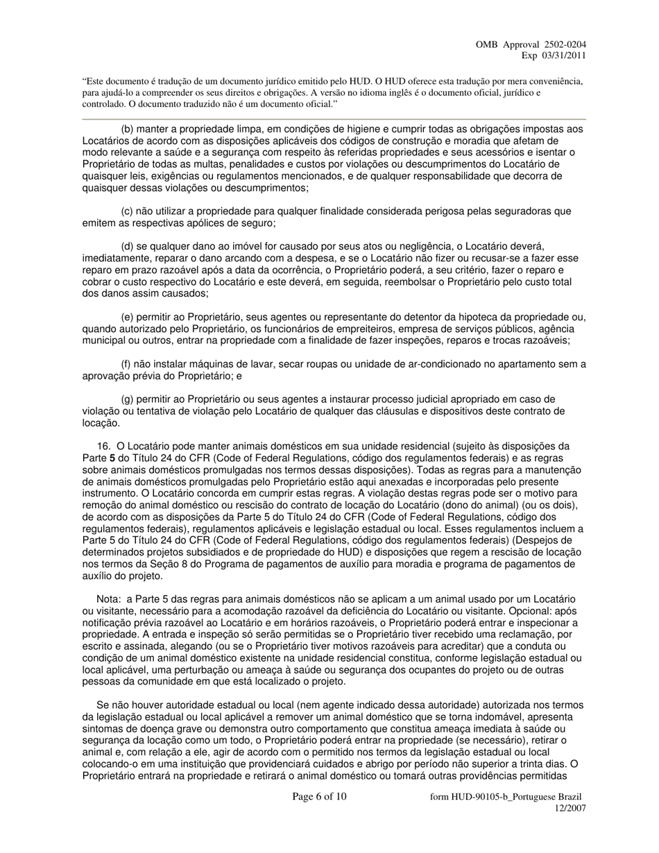 Form HUD-90105-B Lease for Section 202 / 8 or Section 202 Pac (Portuguese), Page 6