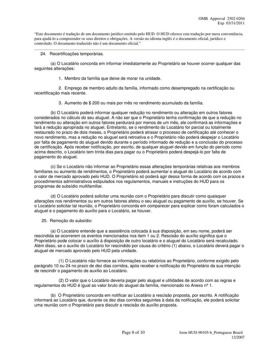 Form HUD-90105-B Lease for Section 202 / 8 or Section 202 Pac (Portuguese), Page 8