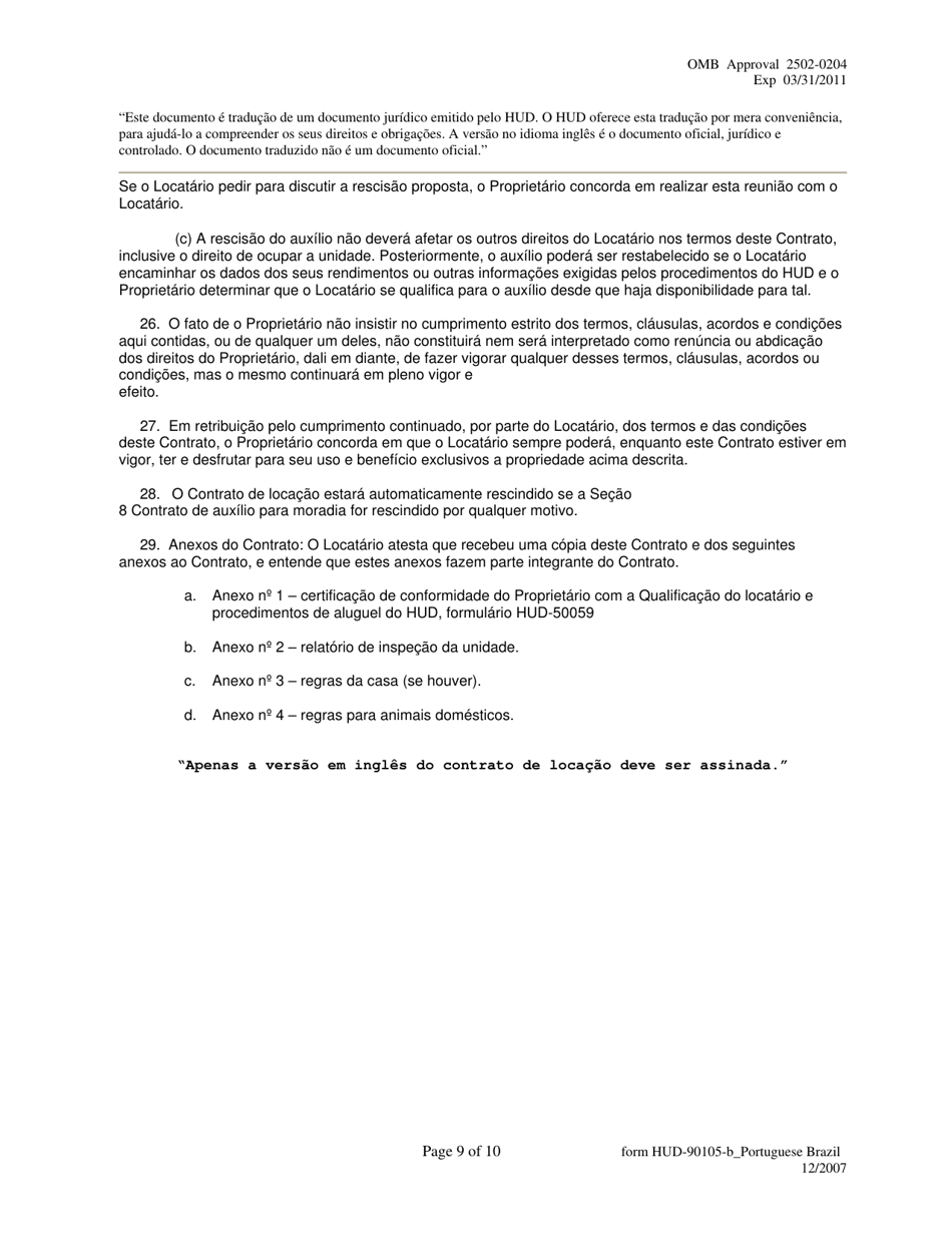 Form HUD-90105-B Lease for Section 202 / 8 or Section 202 Pac (Portuguese), Page 9