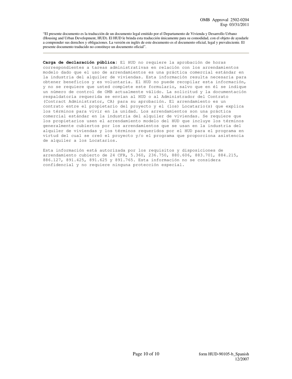 Formulario HUD-90105-B Lease for Section 202 / 8 or Section 202 Pac (Spanish), Page 10