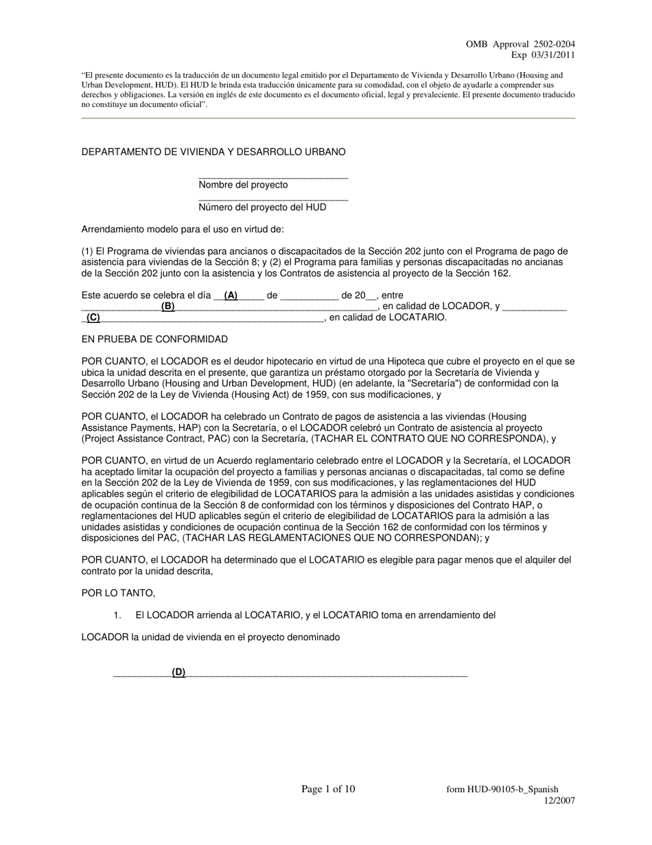Formulario HUD-90105-B Lease for Section 202 / 8 or Section 202 Pac (Spanish), Page 1