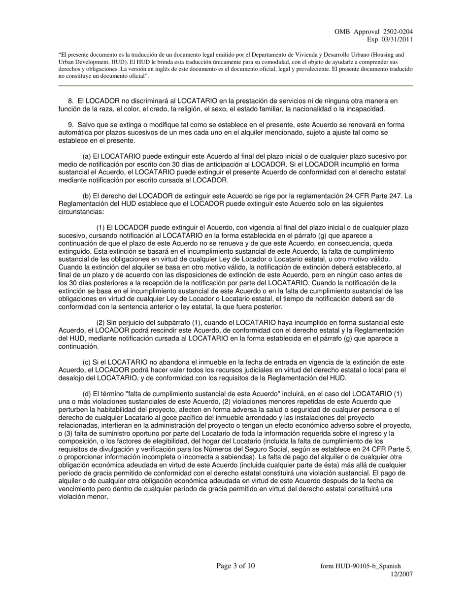 Formulario HUD-90105-B Lease for Section 202 / 8 or Section 202 Pac (Spanish), Page 3