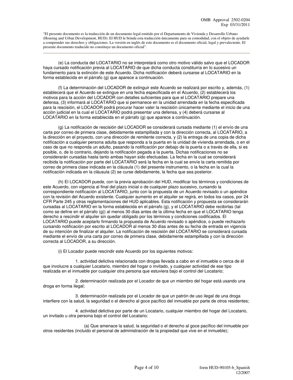 Formulario HUD-90105-B Lease for Section 202 / 8 or Section 202 Pac (Spanish), Page 4
