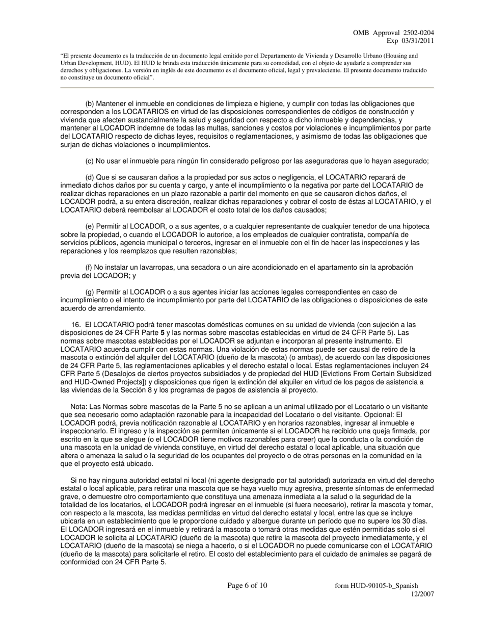 Formulario HUD-90105-B Lease for Section 202 / 8 or Section 202 Pac (Spanish), Page 6