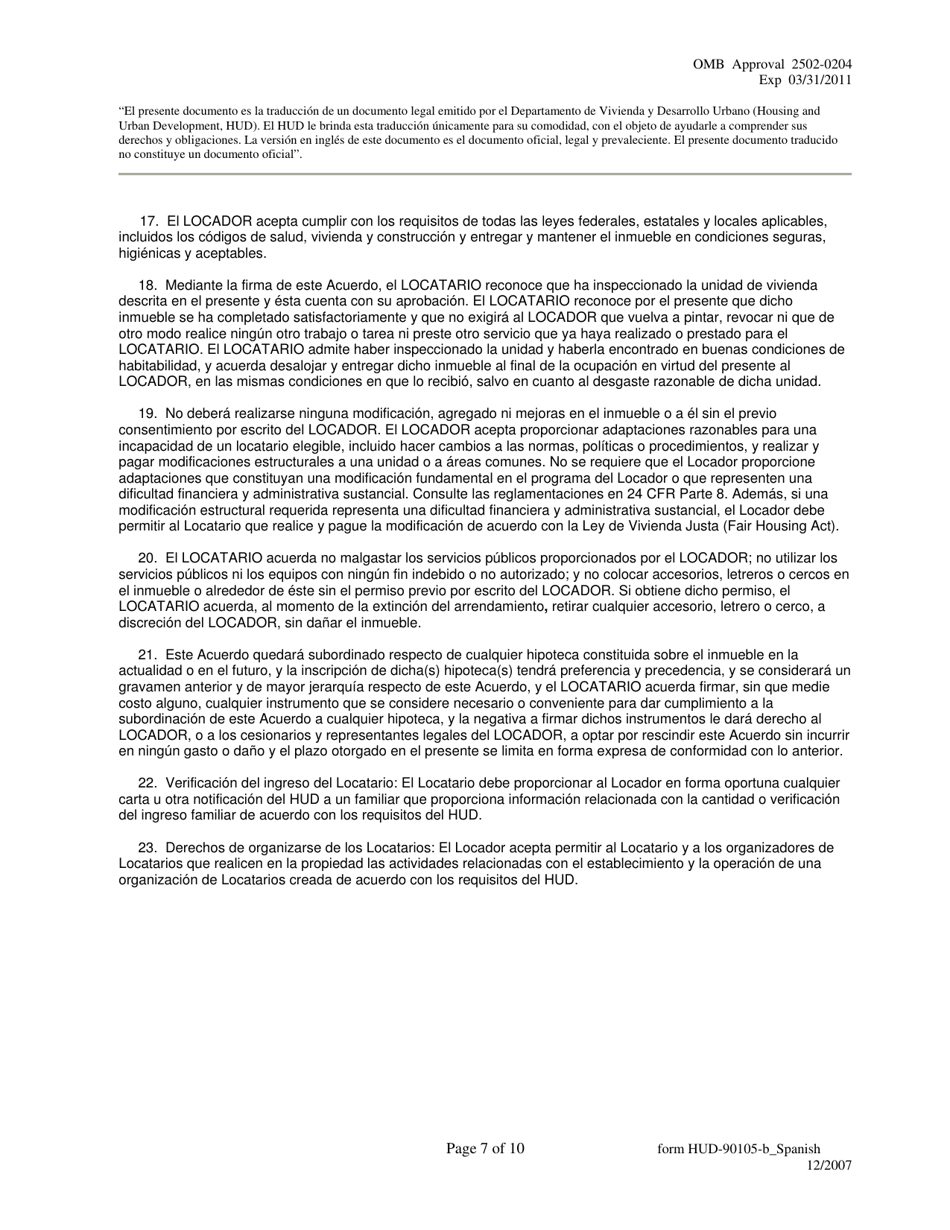 Formulario HUD-90105-B Lease for Section 202 / 8 or Section 202 Pac (Spanish), Page 7