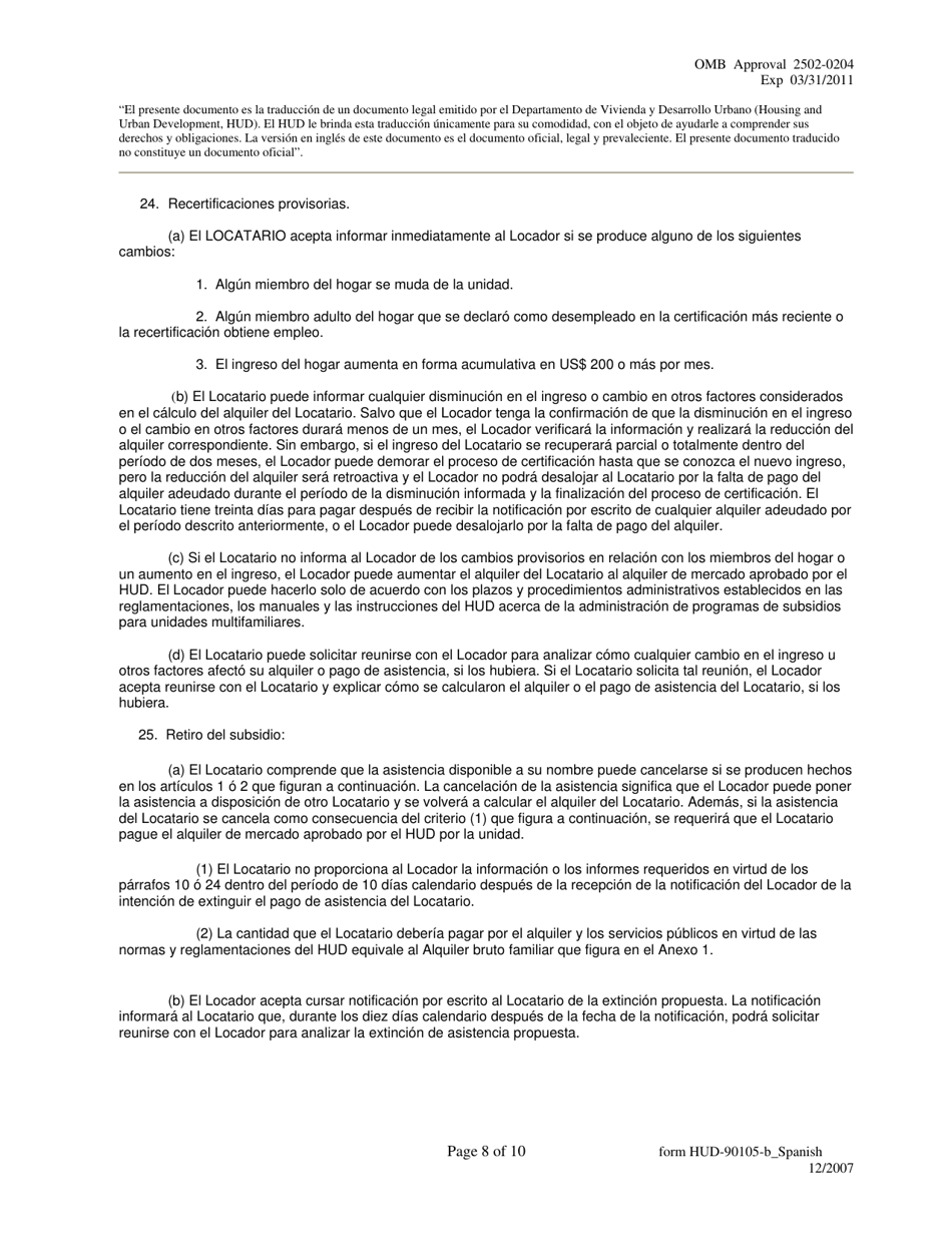 Formulario HUD-90105-B Lease for Section 202 / 8 or Section 202 Pac (Spanish), Page 8
