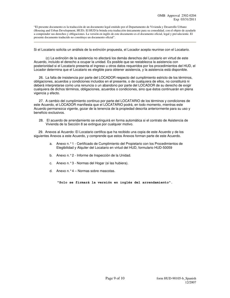 Formulario HUD-90105-B Lease for Section 202 / 8 or Section 202 Pac (Spanish), Page 9