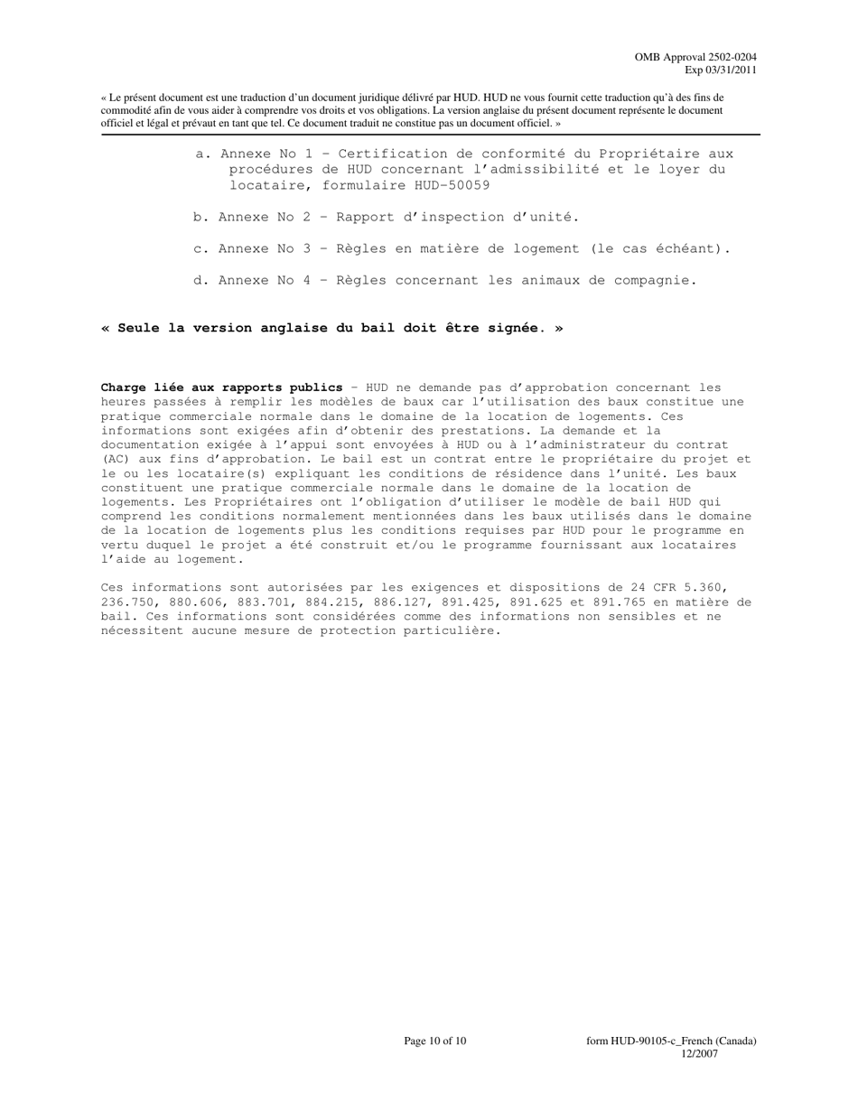 Form HUD-90105-C Lease for Section 202 Prac (French), Page 10