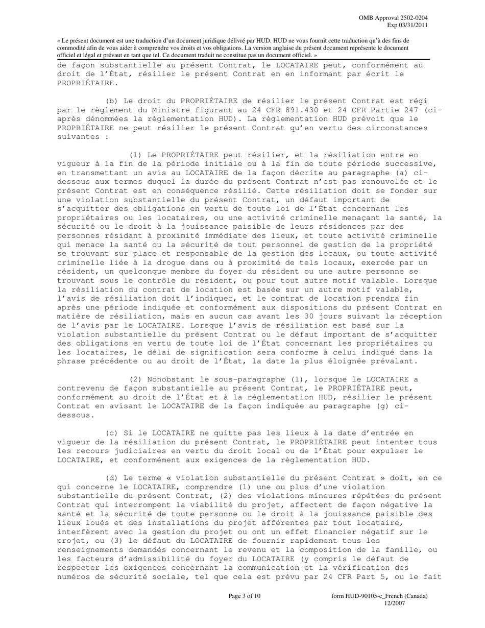 Form HUD-90105-C Lease for Section 202 Prac (French), Page 3