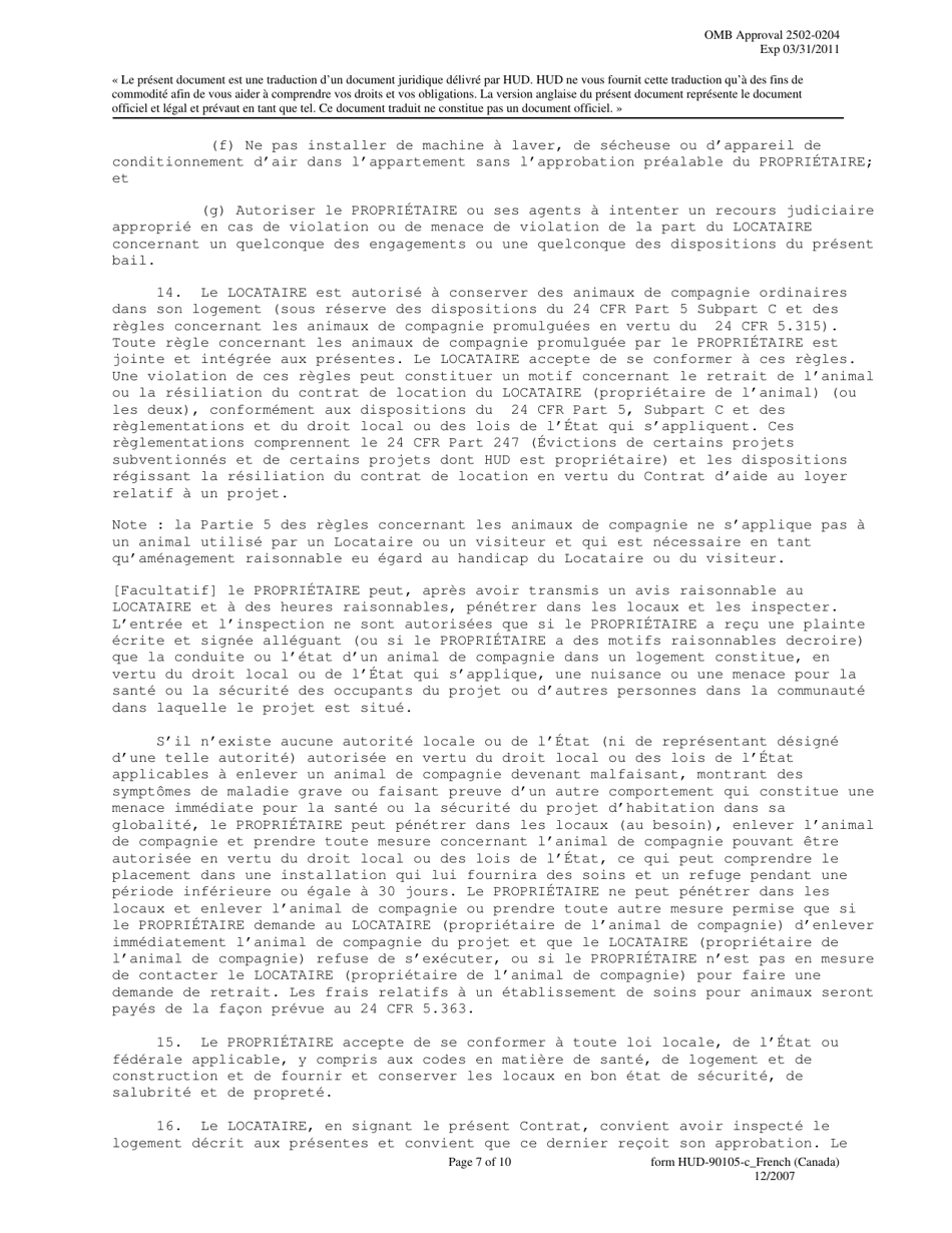 Form HUD-90105-C Lease for Section 202 Prac (French), Page 7