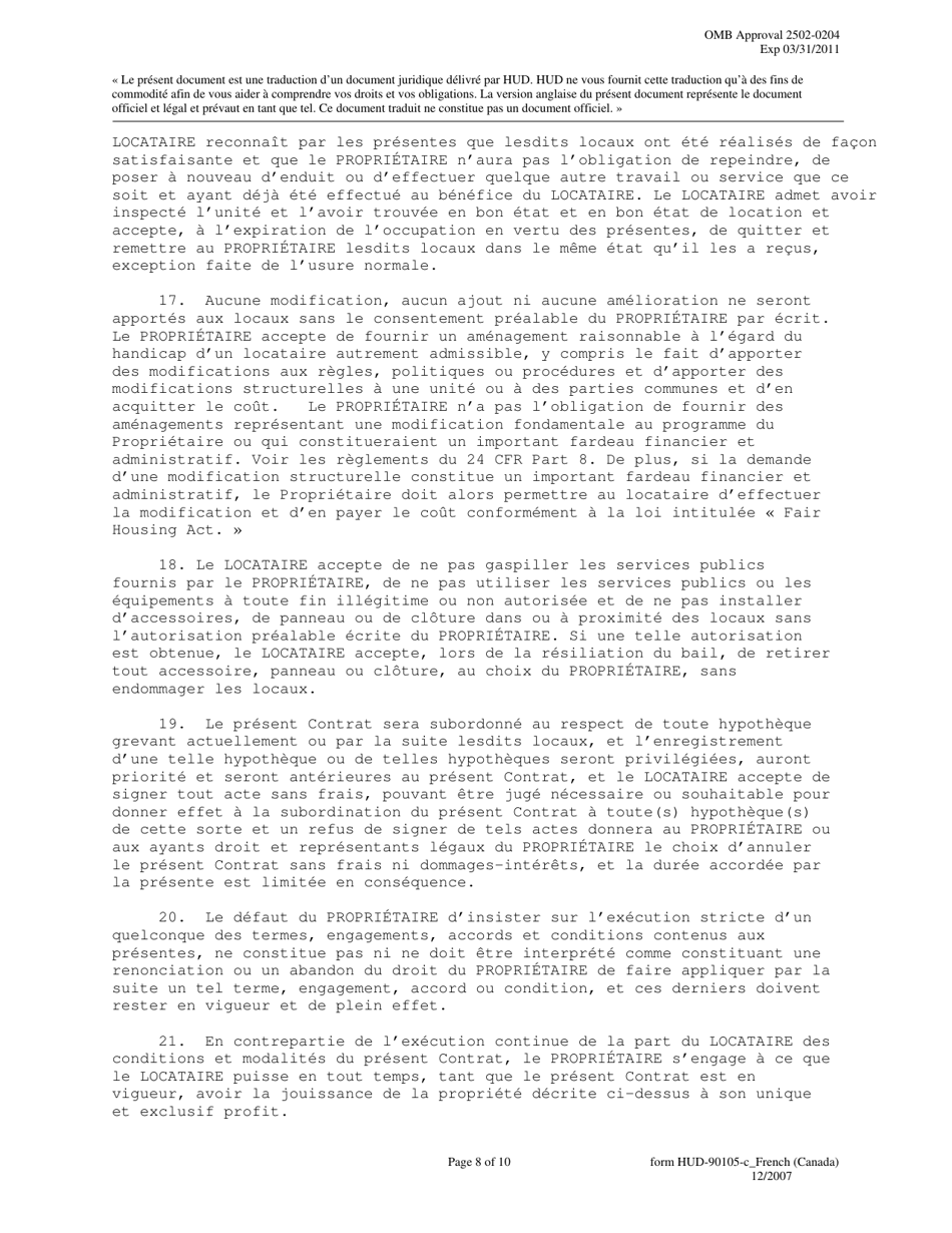 Form HUD-90105-C Lease for Section 202 Prac (French), Page 8