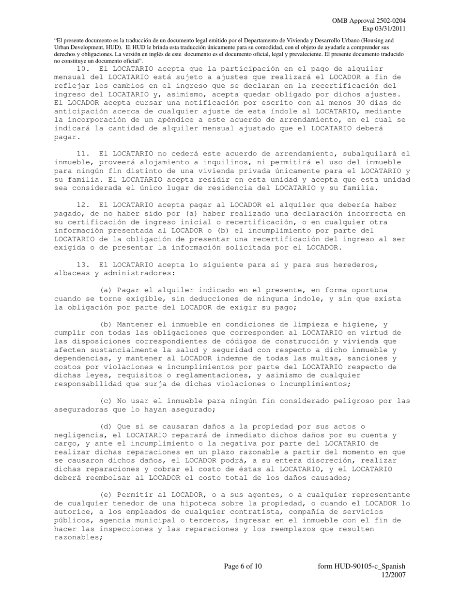 Formulario HUD-90105-C Arrendamiento Conforme Al Prac En Virtud De La Seccion 202 (Spanish), Page 6