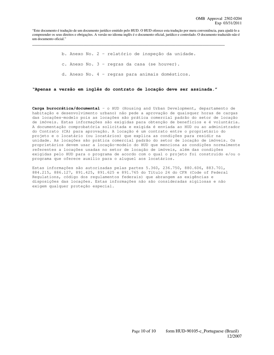 Form HUD-90105-C Lease for Section 202 Prac (Portuguese), Page 10