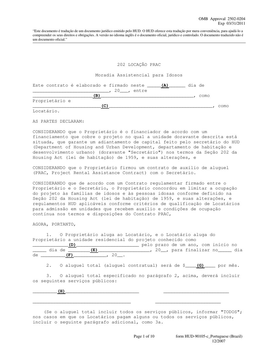 Form HUD-90105-C Lease for Section 202 Prac (Portuguese), Page 1