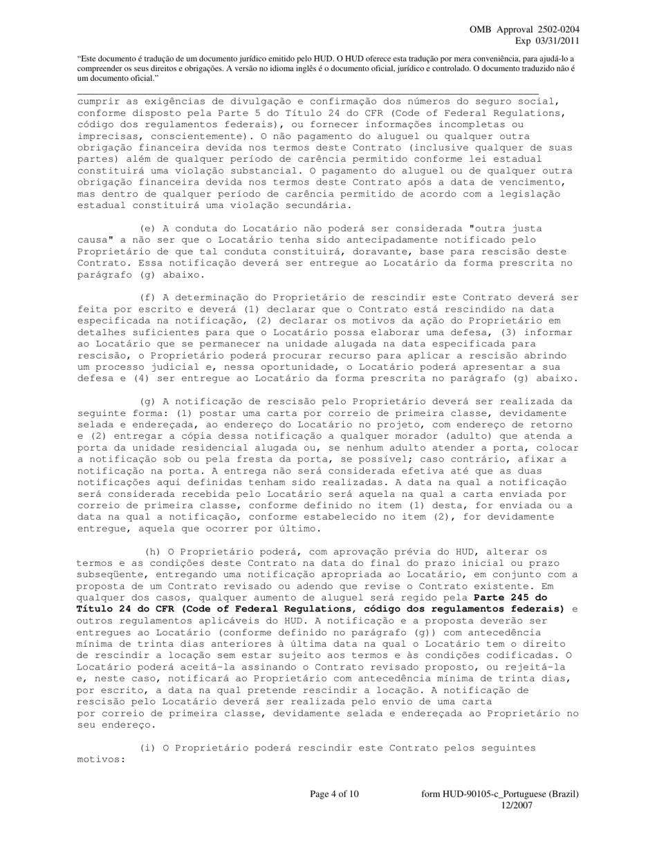 Form HUD-90105-C Lease for Section 202 Prac (Portuguese), Page 4