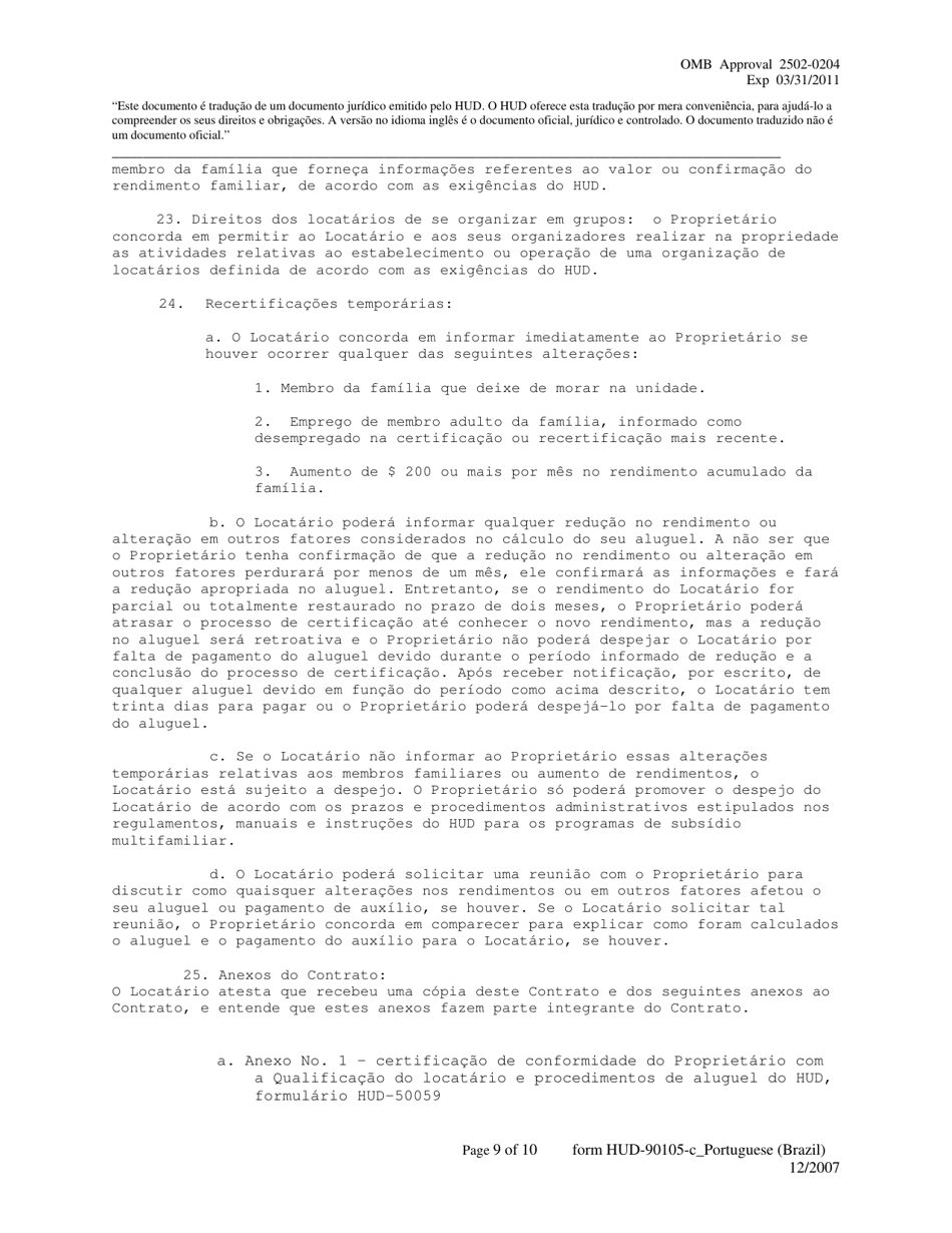 Form HUD-90105-C Lease for Section 202 Prac (Portuguese), Page 9