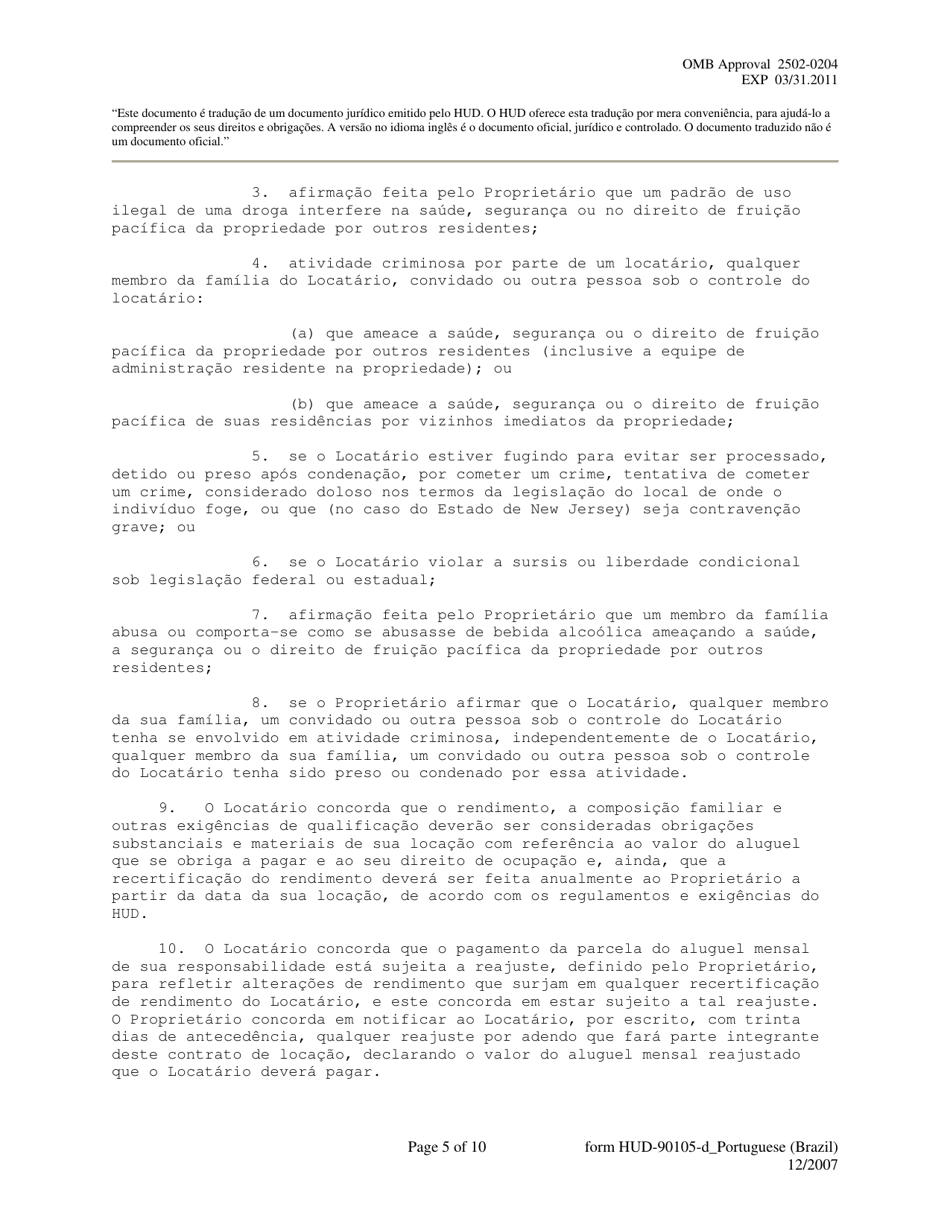 Form HUD-90105-D Lease for Section 811 Prac (Portuguese), Page 5