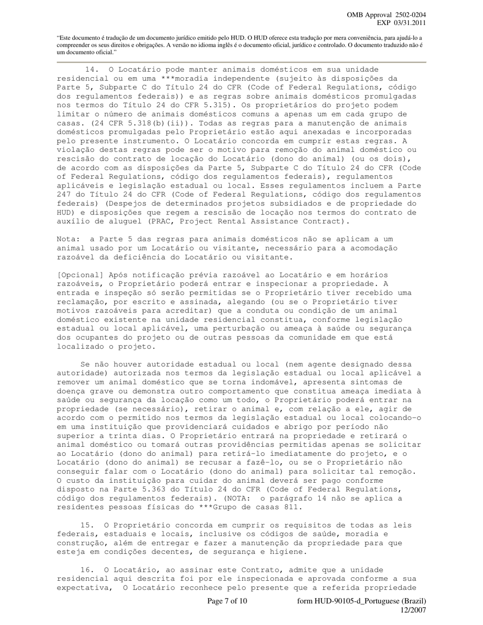 Form HUD-90105-D Lease for Section 811 Prac (Portuguese), Page 7