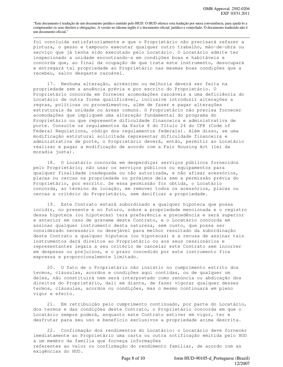 Form HUD-90105-D Lease for Section 811 Prac (Portuguese), Page 8